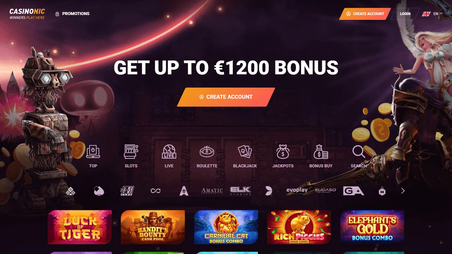 Casinonic desktop home with casino content and account options