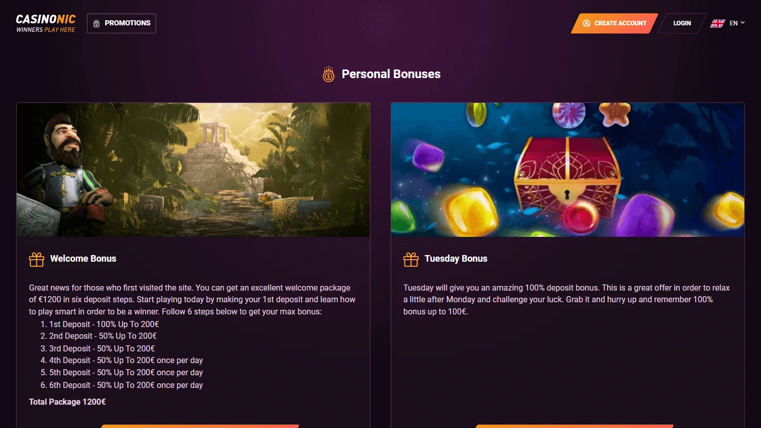 Casinonic desktop promotions area with recurring casino offers